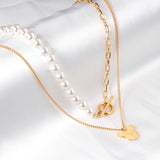 Pearl + Mickey pendant double necklace 47+38+5cm gold color