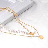 Pearl + Mickey pendant double necklace 47+38+5cm gold color