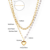 Pearl + heart pendant double chain 45+40+5cm gold color