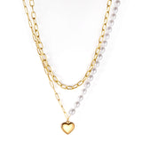 Pearl + heart pendant double chain 45+40+5cm gold color