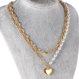 Pearl + heart pendant double chain 45+40+5cm gold color