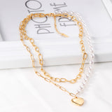 Pearl + heart pendant double chain 45+40+5cm gold color