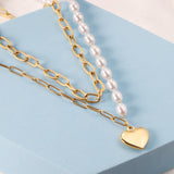 Pearl + heart pendant double chain 45+40+5cm gold color