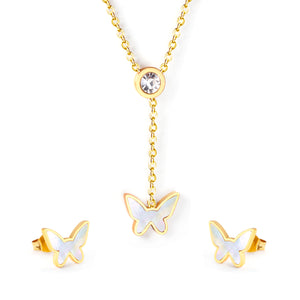 White Diamonds + Butterfly White Shells Jewelry Set Steel/Gold