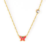 Red & Pink & Blue & Purple Butterfly Pendant with Diamond Necklace 45+5cm Steel Color