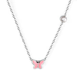 Red & Pink & Blue & Purple Butterfly Pendant with Diamond Necklace 45+5cm Steel Color