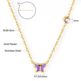 Red & Pink & Blue & Purple Butterfly Pendant with Diamond Necklace 45+5cm Steel Color