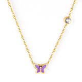 Red & Pink & Blue & Purple Butterfly Pendant with Diamond Necklace 45+5cm Steel Color