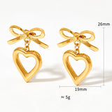 Stainless Steel Heart Stud Earrings with Hollow Ribbon Love Hearts