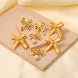 18k Gold Stainless Steel Striped Finish Bow Stud Earrings