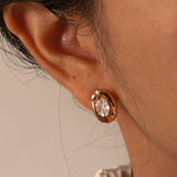 Stainless steel oval white zirconia earrings gold ladies fashion earrings