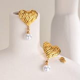 Fashion Stainless Steel Irregular Texture Heart & Pearl Earrings