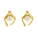 Pearls stainless steel exaggerated irregular C-shaped 18k gold-plated earrings