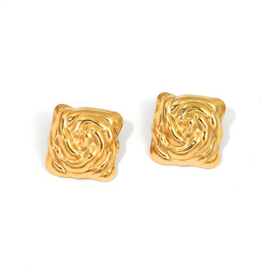 Stainless Steel 18k Gold Plated Heavy Textured Square Stud Earrings