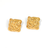 Stainless Steel 18k Gold Plated Heavy Textured Square Stud Earrings