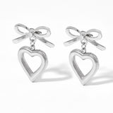 Stainless Steel Heart Stud Earrings with Hollow Ribbon Love Hearts