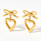 Stainless Steel Heart Stud Earrings with Hollow Ribbon Love Hearts