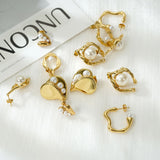 Pearls stainless steel exaggerated irregular C-shaped 18k gold-plated earrings