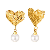 Fashion Stainless Steel Irregular Texture Heart & Pearl Earrings