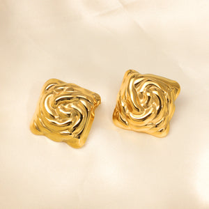 Stainless Steel 18k Gold Plated Heavy Textured Square Stud Earrings