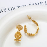 Stainless steel fresh simple personality retro C-shaped small daisy flowers female 18K gold earrings