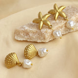 Stainless Steel 18K Gold Plated French Vintage Fashion Summer Seaside Vacation Style Natural Pearl Earrings