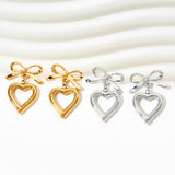 Stainless Steel Heart Stud Earrings with Hollow Ribbon Love Hearts