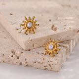 New retro popular gold pearl sun inlaid raised pearl stainless steel earrings