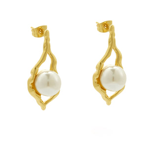 Stainless Steel Irregular 18k Gold-Plated Drop Earrings with Pearls