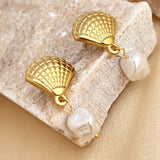 Stainless Steel 18K Gold Plated French Vintage Fashion Summer Seaside Vacation Style Natural Pearl Earrings