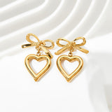 Stainless Steel Heart Stud Earrings with Hollow Ribbon Love Hearts