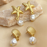 Stainless Steel 18K Gold Plated French Vintage Fashion Summer Seaside Vacation Style Natural Pearl Earrings