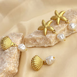 Stainless Steel 18K Gold Plated French Vintage Fashion Summer Seaside Vacation Style Natural Pearl Earrings