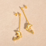 Stainless Steel Flat Cross Chain Dolphin Tassel Earrings 18K Gold Color