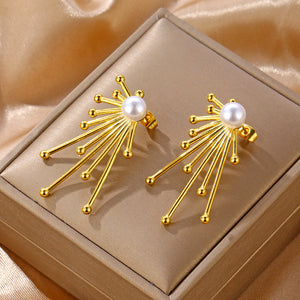 Vintage 18k Gold Stainless Steel Radiant + Pearl Exaggerated Earrings