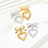 Stainless Steel Heart Stud Earrings with Hollow Ribbon Love Hearts