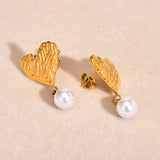 Fashion Stainless Steel Irregular Texture Heart & Pearl Earrings