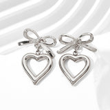 Stainless Steel Heart Stud Earrings with Hollow Ribbon Love Hearts