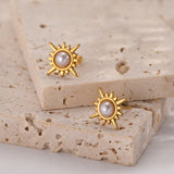 New vintage popular gold pearl radiant inlaid raised pearl stainless steel earrings