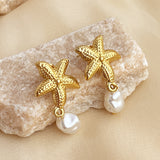 Stainless Steel 18K Gold Plated French Vintage Fashion Summer Seaside Vacation Style Natural Pearl Earrings