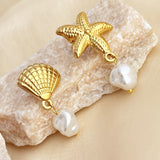 Stainless Steel 18K Gold Plated French Vintage Fashion Summer Seaside Vacation Style Natural Pearl Earrings