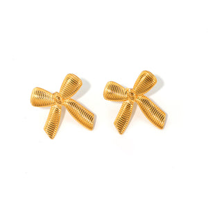 18k Gold Stainless Steel Striped Finish Bow Stud Earrings