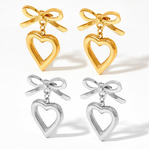 Stainless Steel Heart Stud Earrings with Hollow Ribbon Love Hearts