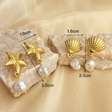 Stainless Steel 18K Gold Plated French Vintage Fashion Summer Seaside Vacation Style Natural Pearl Earrings