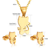 Steel/Gold Faceted Cat Standing Shape Jewelry Set without Diamonds