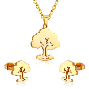 Steel/golden hollow faceted large tree cut jewelry set without diamonds