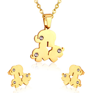 Steel/Gold Two Puppies Faceted Cut Jewelry Set with Diamonds