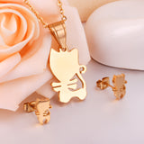 Steel/Gold Faceted Cat Standing Shape Jewelry Set without Diamonds