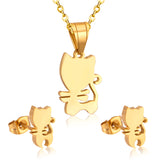 Steel/Gold Faceted Cat Standing Shape Jewelry Set without Diamonds