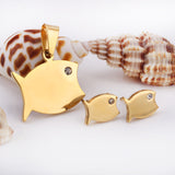 Gold/steel color cut jewelry set of a big glossy fish with diamonds for eyes